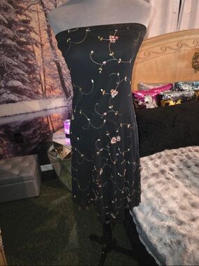 zinc Black Strapless Floral Embroidered Midi Dress Y2K Fairy Grunge